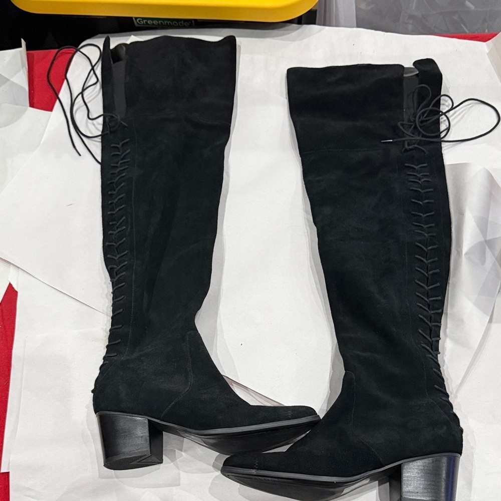 Black Suede Over-the-Knee Heeled Boots - Women's